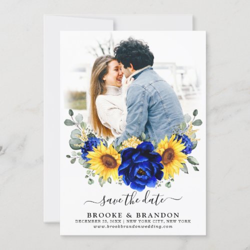 Royal Blue Rustic Sunflower Modern Floral Wedding  Save The Date