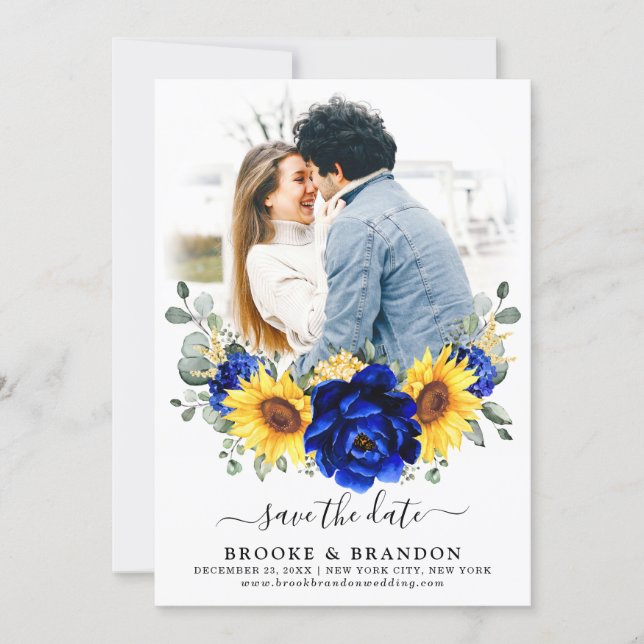Royal Blue Rustic Sunflower Modern Floral Wedding  Save The Date (Front)