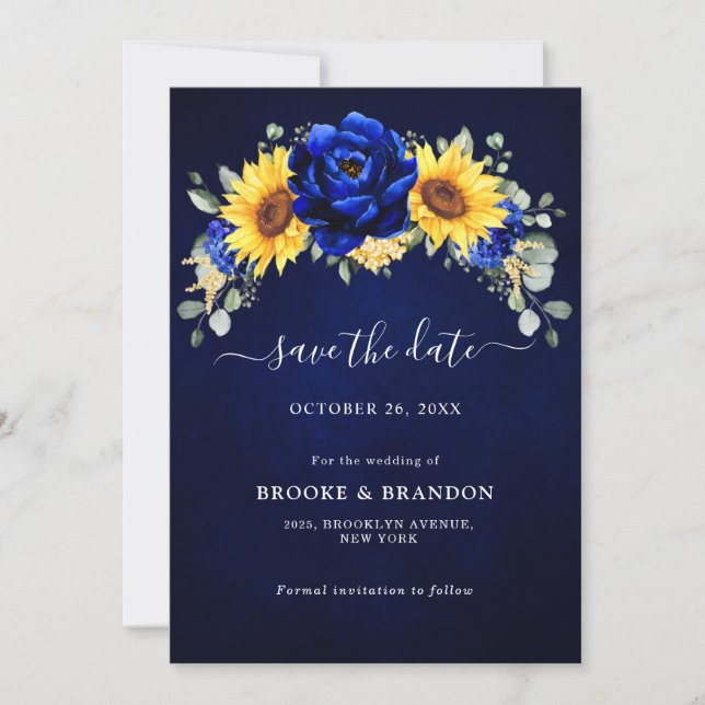 Royal Blue Rustic Sunflower Modern Floral Wedding  Save The Date (Front)