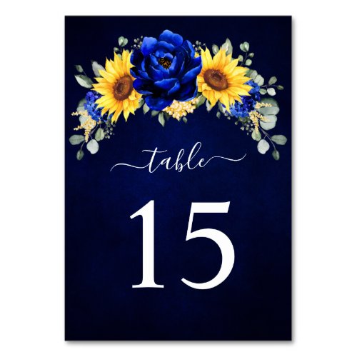 Royal Blue Rustic Sunflower Modern Floral Wedding  Table Number