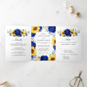 Royal Blue Rustic Sunflower Modern Floral Wedding Tri-Fold Announcement