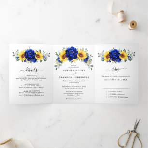 Royal Blue Rustic Sunflower Modern Floral Wedding Tri-Fold Announcement
