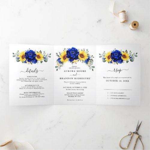 Royal Blue Rustic Sunflower Modern Floral Wedding  Tri_Fold Announcement