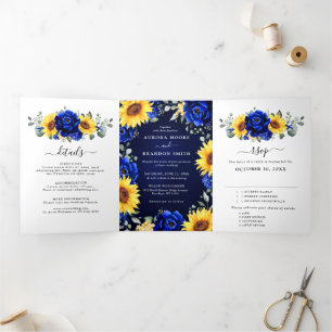 Royal Blue Rustic Sunflower Modern Floral Wedding Tri-Fold Announcement