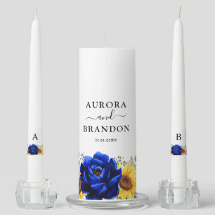 Royal Blue Rustic Sunflower Modern Floral Wedding  Unity Candle Set