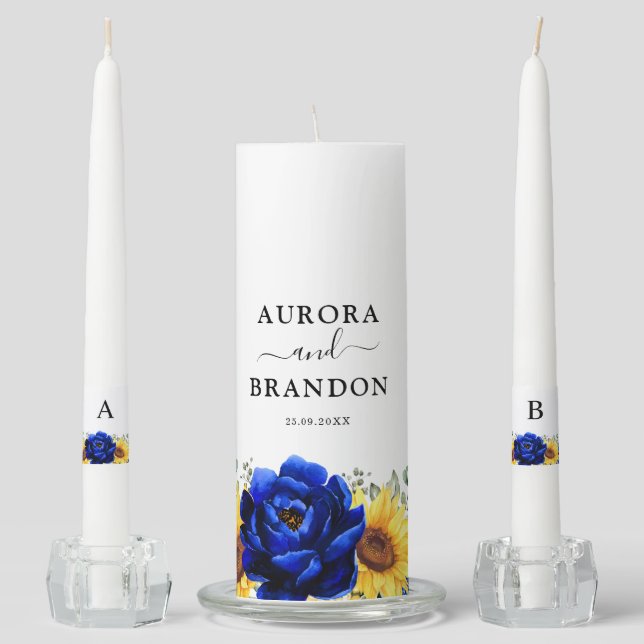 Royal Blue Rustic Sunflower Modern Floral Wedding  Unity Candle Set (Front)