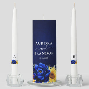 Royal Blue Rustic Sunflower Modern Floral Wedding  Unity Candle Set