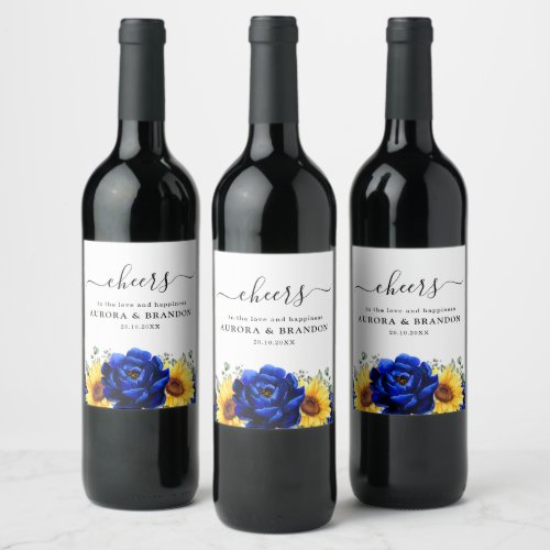 Royal Blue Rustic Sunflower Modern Floral Wedding  Wine Label