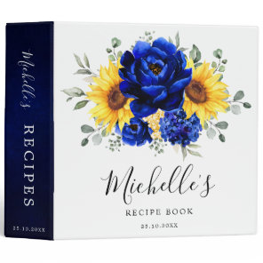 Royal Blue Rustic Sunflower Modern Recipe Book  3 Ring Binder