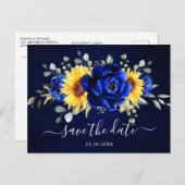 Royal Blue Rustic Sunflower Modern Save the Date P Postcard (Front/Back)