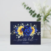 Royal Blue Rustic Sunflower Modern Save the Date P Postcard (Standing Front)