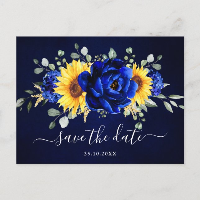 Royal Blue Rustic Sunflower Modern Save the Date P Postcard (Front)