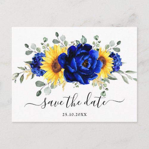 Royal Blue Rustic Sunflower Modern Save the Date Postcard