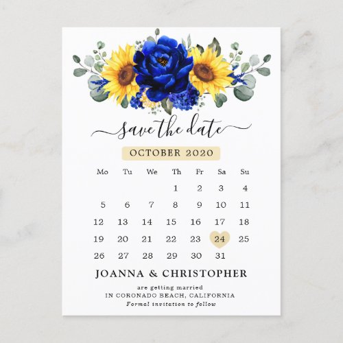 Royal Blue Rustic Sunflower Modern Save the Date Postcard