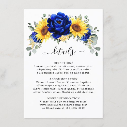 Royal Blue Rustic Sunflower Modern Wedding Details Enclosure Card