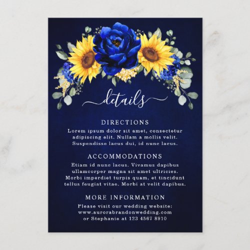 Royal Blue Rustic Sunflower Modern Wedding Details Enclosure Card