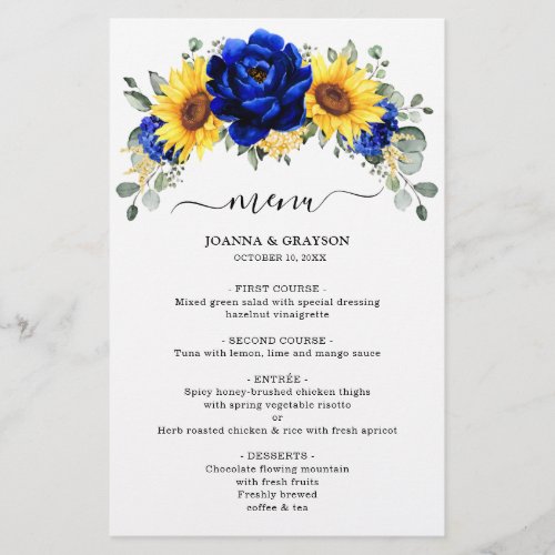 Royal Blue Rustic Sunflower Modern Wedding Menu