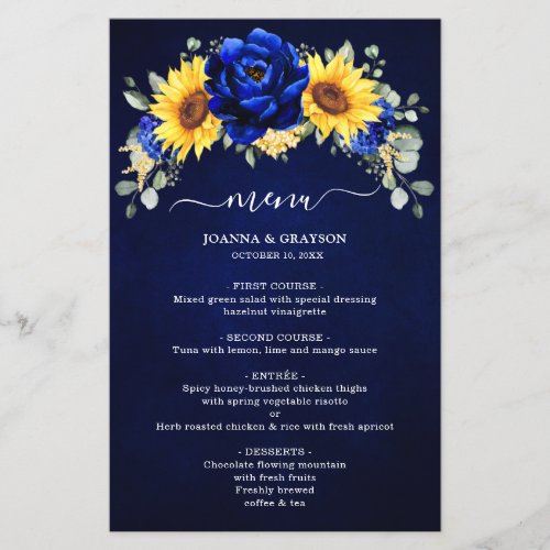 Royal Blue Rustic Sunflower Modern Wedding Menu