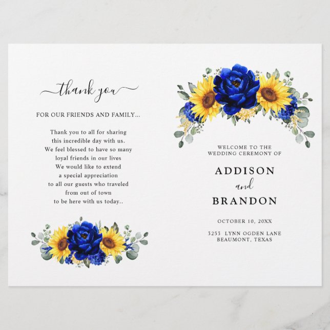 Royal Blue Rustic Sunflower Modern Wedding Program (Front)