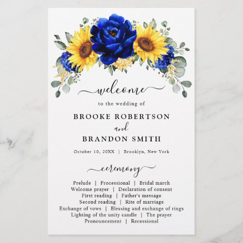 Royal Blue Rustic Sunflower Modern Wedding Program