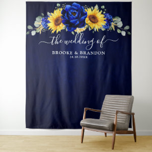 Royal Blue Rustic Sunflower Modern Wedding Tapestry