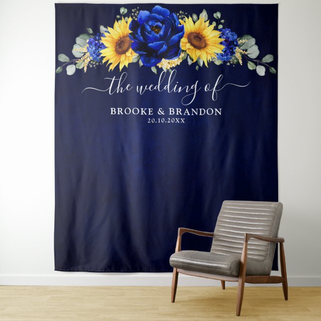 Royal Blue Rustic Sunflower Modern Wedding Tapestry (In Situ)