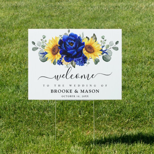 Royal Blue Rustic Sunflower Modern Wedding Welcome Sign (Insitu)