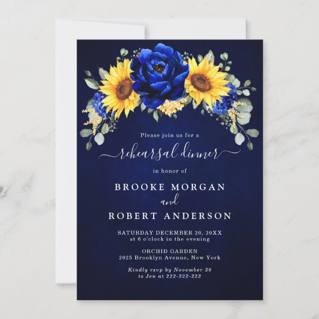 Royal Blue Rustic Sunflower Rehearsal Dinner Invit Invitation (Front)