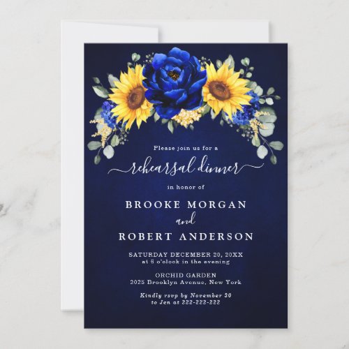 Royal Blue Rustic Sunflower Rehearsal Dinner Invit Invitation