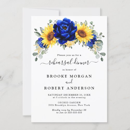 Royal Blue Rustic Sunflower Rehearsal Dinner Invitation