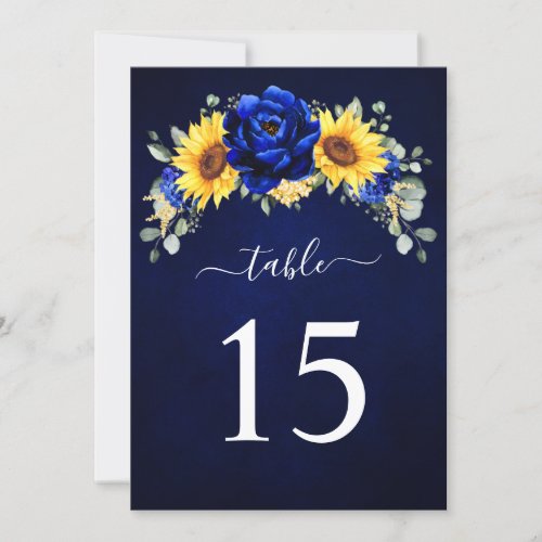 Royal Blue Rustic Sunflower Table Number Card