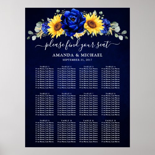 Royal Blue Rustic Sunflower Wedding Seating Chart