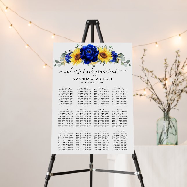 Royal Blue Rustic Sunflower Wedding Seating chart Foam Board (In Situ (Stand))