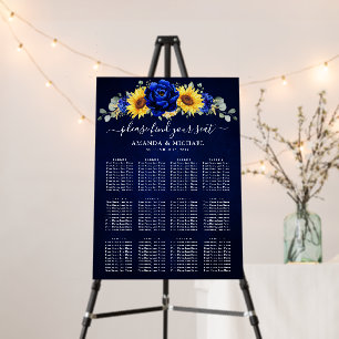 Royal Blue Rustic Sunflower Wedding Seating chart  Foam Board