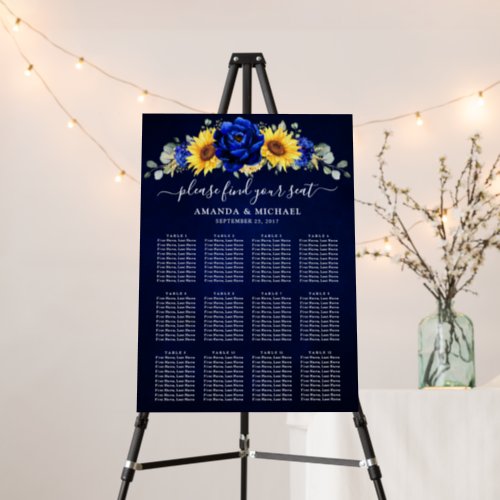 Royal Blue Rustic Sunflower Wedding Seating chart  Foam Board