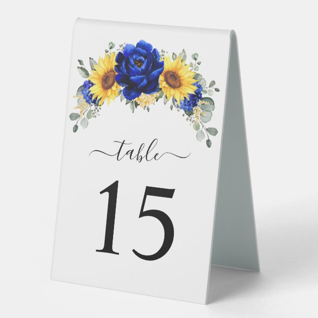 Royal Blue Rustic Sunflower Wedding Table Number Table Tent (Front)