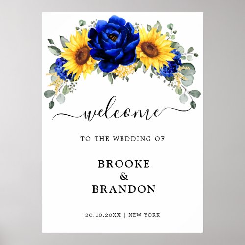 Royal Blue Rustic Sunflower Wedding Welcome Poster