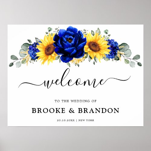 Royal Blue Rustic Sunflower Wedding Welcome Poster