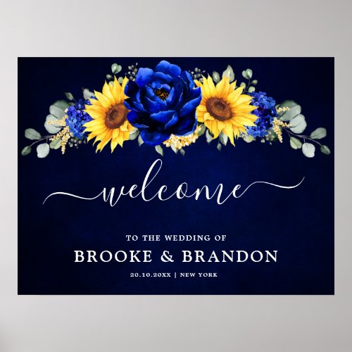 Royal Blue Rustic Sunflower Wedding Welcome Poster