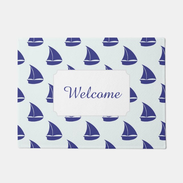 Royal Blue Sailboat Pattern | Add Your Text Doormat (Front)