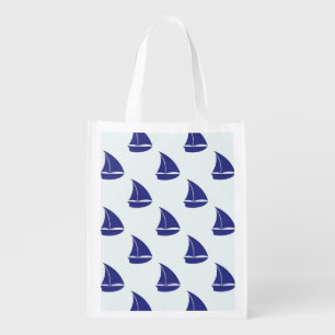 Royal Blue Sailboat Pattern Reusable Grocery Bag