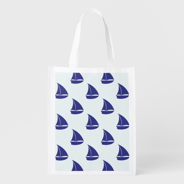 Royal Blue Sailboat Pattern Reusable Grocery Bag (Front)
