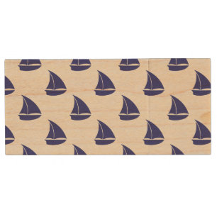 Royal Blue Sailboat Pattern Wood USB Flash Drive