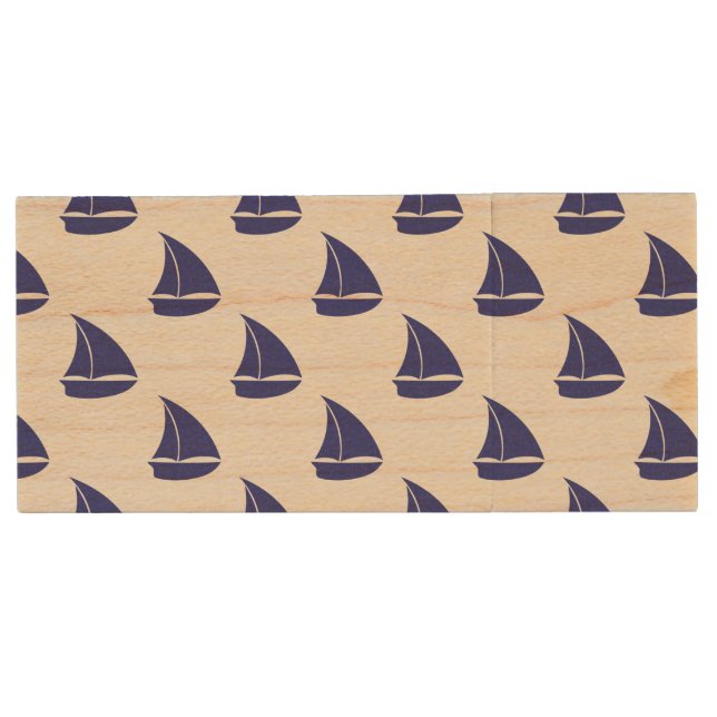 Royal Blue Sailboat Pattern Wood USB Flash Drive (Front)