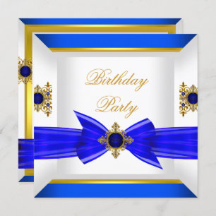 Royal Blue Sapphire Gem Jewel Gold Bow Birthday Invitation