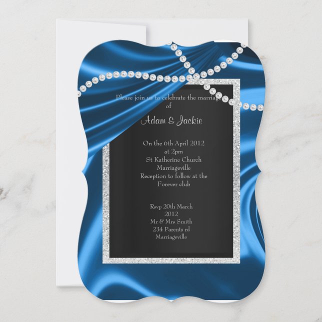 ROYAL BLUE SATIN, DIAMOND ELEGANT CLASSY WEDDING INVITATION (Front)