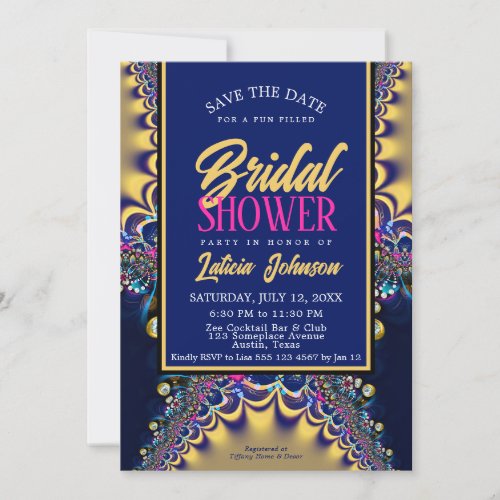 Royal Blue Satin Gold Fractal Lace Bridal Shower Invitation
