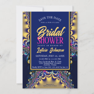 Royal Blue Satin Gold Lace Bridal Shower Invitation