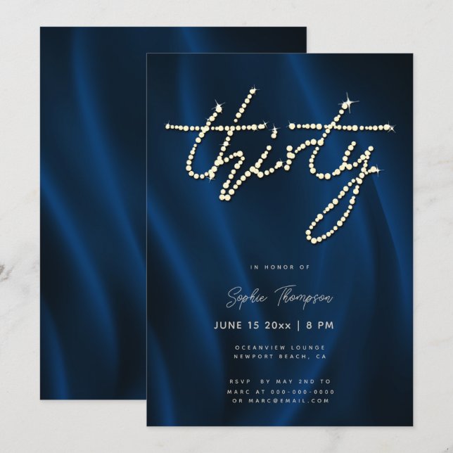 Royal Blue Satin Rhinestones Elegant 30th Birthday Invitation (Front/Back)