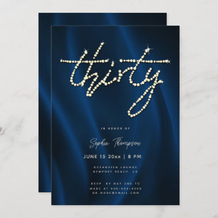 Royal Blue Satin Rhinestones Elegant 30th Birthday Invitation
